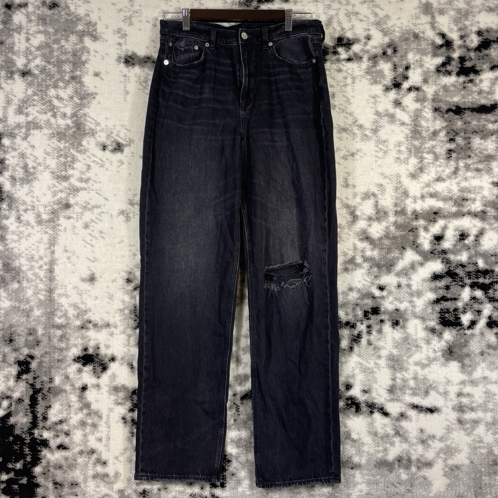 American Eagle Super High Rise Baggy Straight Jeans Womens Size 10 Black Ripped